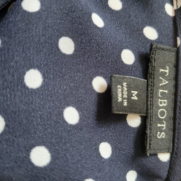 Navy Polka Dot Blouse With Flared Sleeves Talbots M 100% Polyester - Picture 4 of 5
